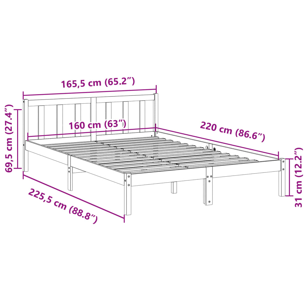 Bed Frame | White | Solid pine wood | Double, Extra Long | Bed Frame