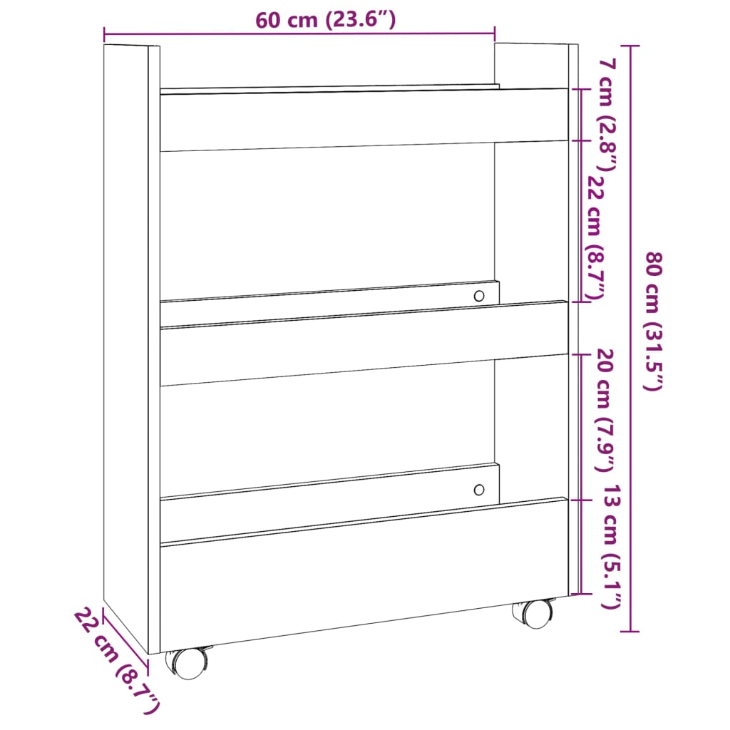 Narrow Storage Trolley 3 Tier Old Wood Engineered Wood