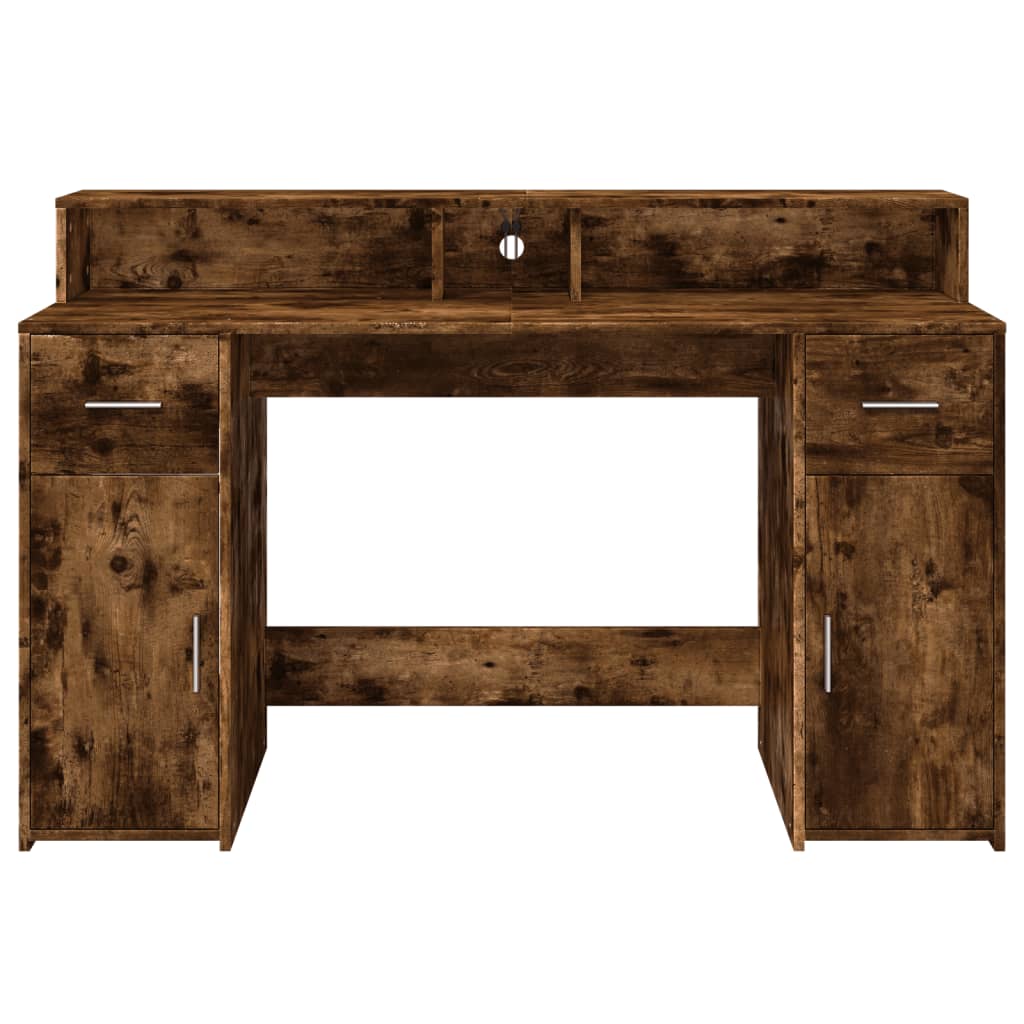 Desk with LED Lights Smoked Oak 140x55x91 cm Engineered Wood