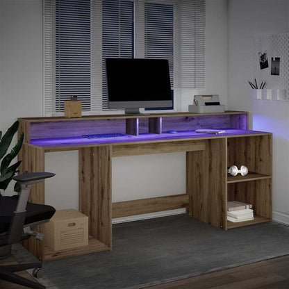 Desk with LED Lights Artisian Oak 200x55x91 cm Engineered Wood