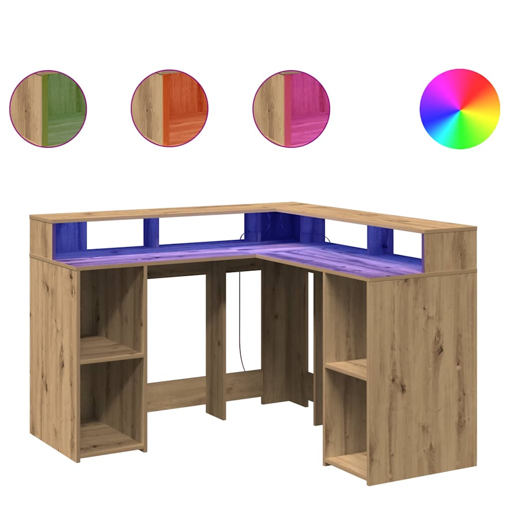 Desk with LED Lights Artisian Oak 130x130x91 cm Engineered Wood