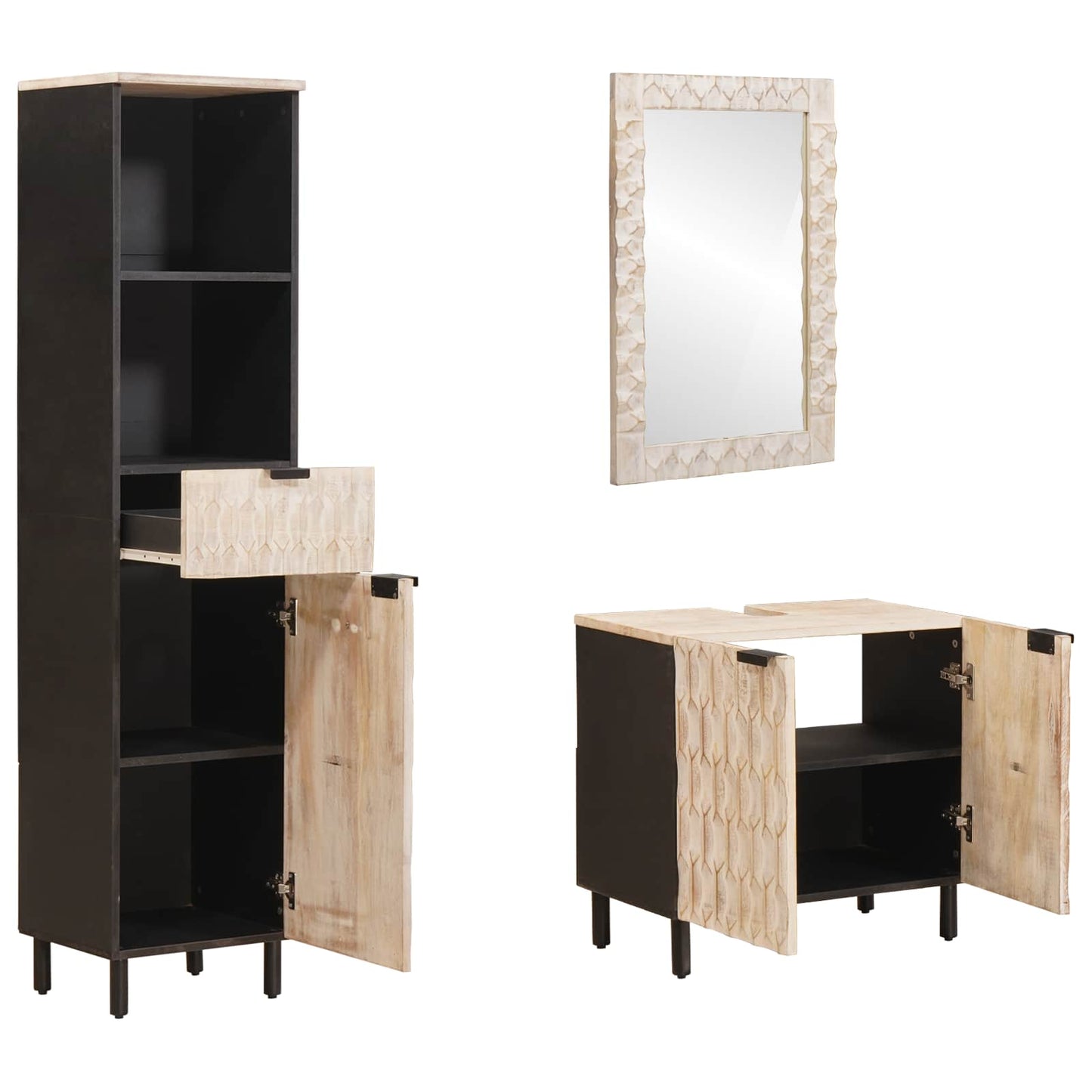 Bathroom Sets 3 pcs White Wash Finish Solid Mango Wood