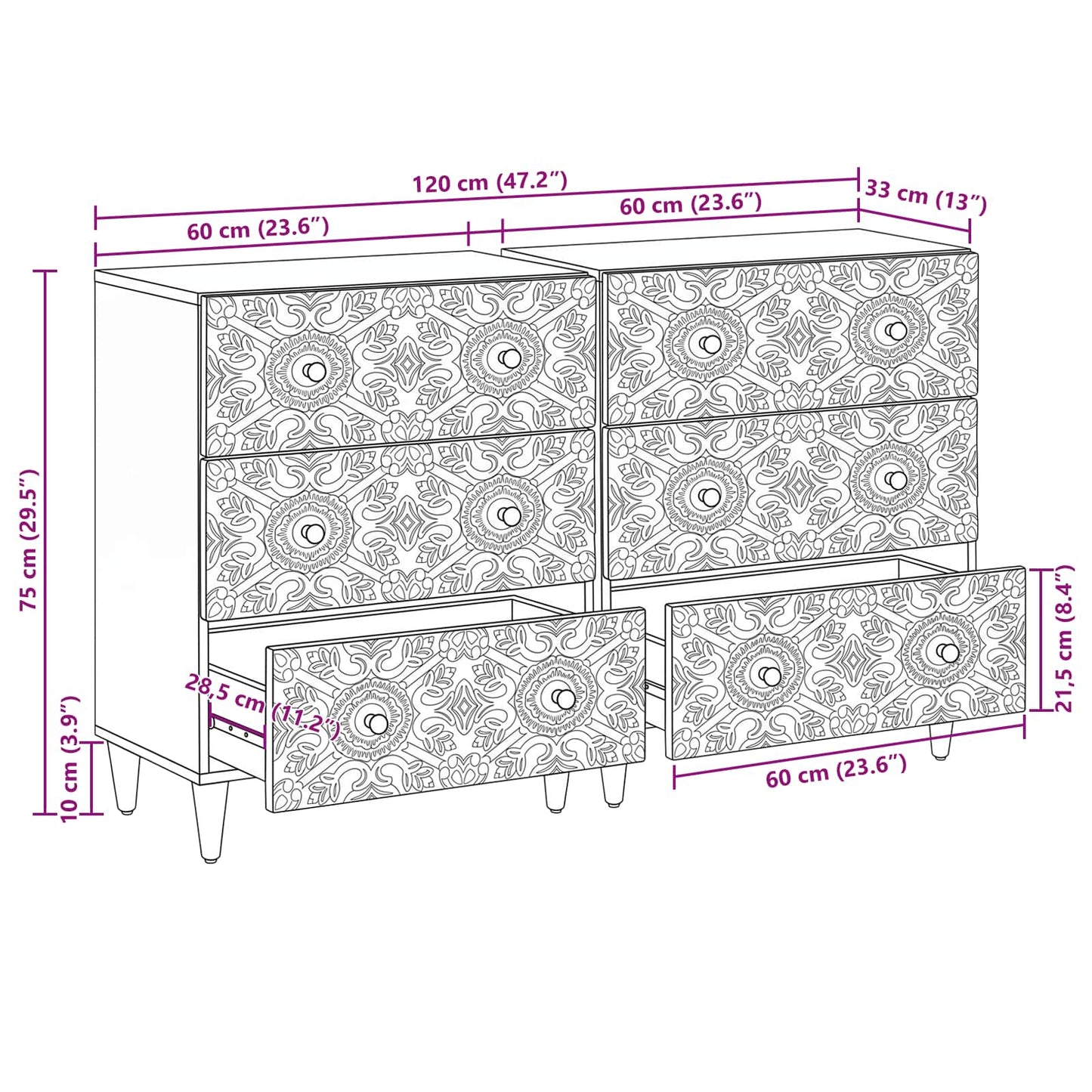 Sideboard 2 pcs White 60 x 33.5 x 75 cm Solid Mango Wood