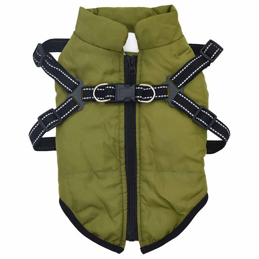 Dog Coat with Harness Waterproof Reflective Army Green L