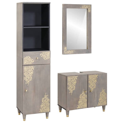 Bathroom Cabinet Set with Drawer 3 pcs Grey Solid Mango Wood