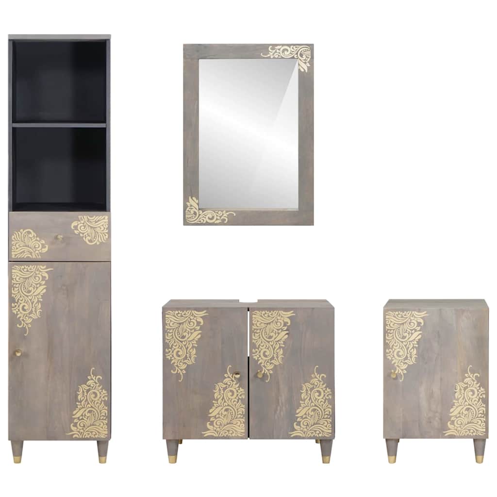 Bathroom Cabinet Set with Drawer 4 pcs Grey Solid Mango Wood