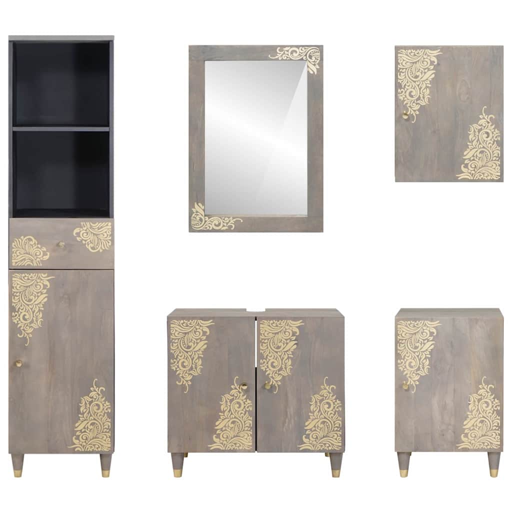 Bathroom Cabinet Set with Drawer 5 pcs Grey Solid Mango Wood