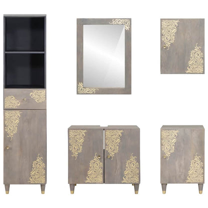 Bathroom Cabinet Set with Drawer 5 pcs Grey Solid Mango Wood