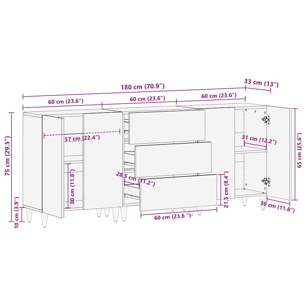 Bathroom Cabinet Set with Drawer 3 pcs Black 180 x 33 x 75 cm