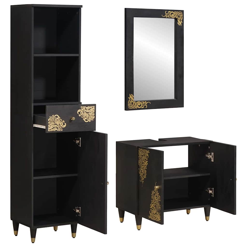 Bathroom Cabinet Set with Drawer 3 pcs Black Solid Mango Wood