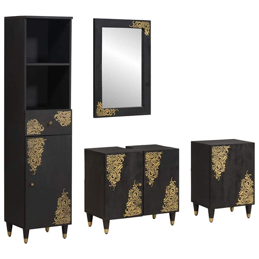 Bathroom Cabinet Set 4 pcs Black Solid Mango Wood