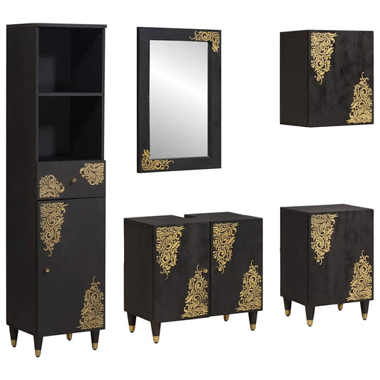 Bathroom Cabinet Set 5 pcs Black Solid Mango Wood