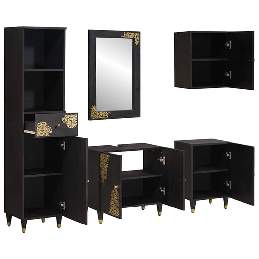 Bathroom Cabinet Set 5 pcs Black Solid Mango Wood