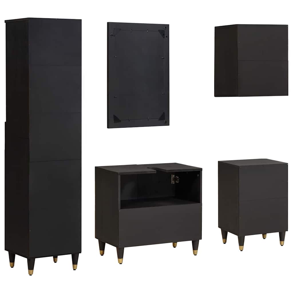 Bathroom Cabinet Set with Drawer 5 pcs Black Solid Mango Wood