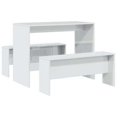 3 Piece Dining Table and Bench set High Gloss White Engineered Wood