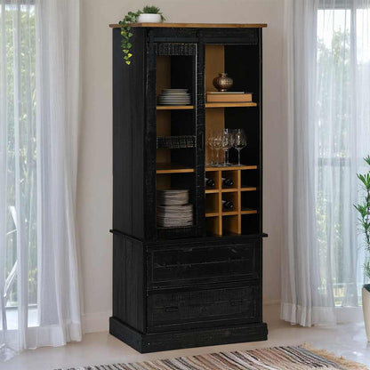 Wine Cabinet HALDEN with Wine Racks and Sliding Door Black Pine