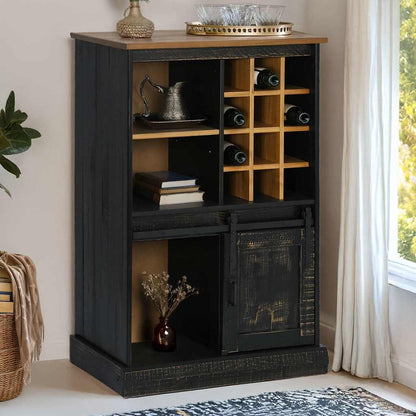 Wine Cabinet HALDEN with Wine Racks and Sliding Door Black Pine