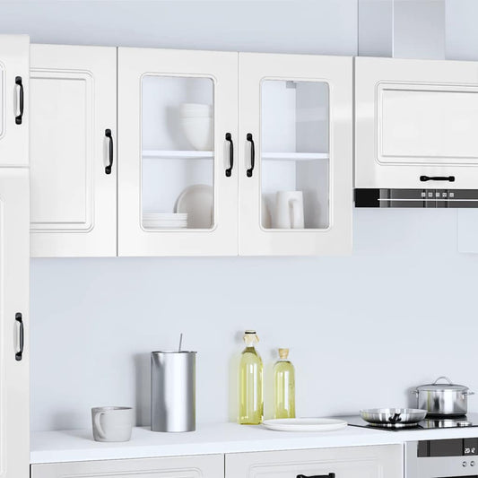 Kitchen Wall Cabinet with Glass Door Kalmar High Gloss White Engineered Wood
