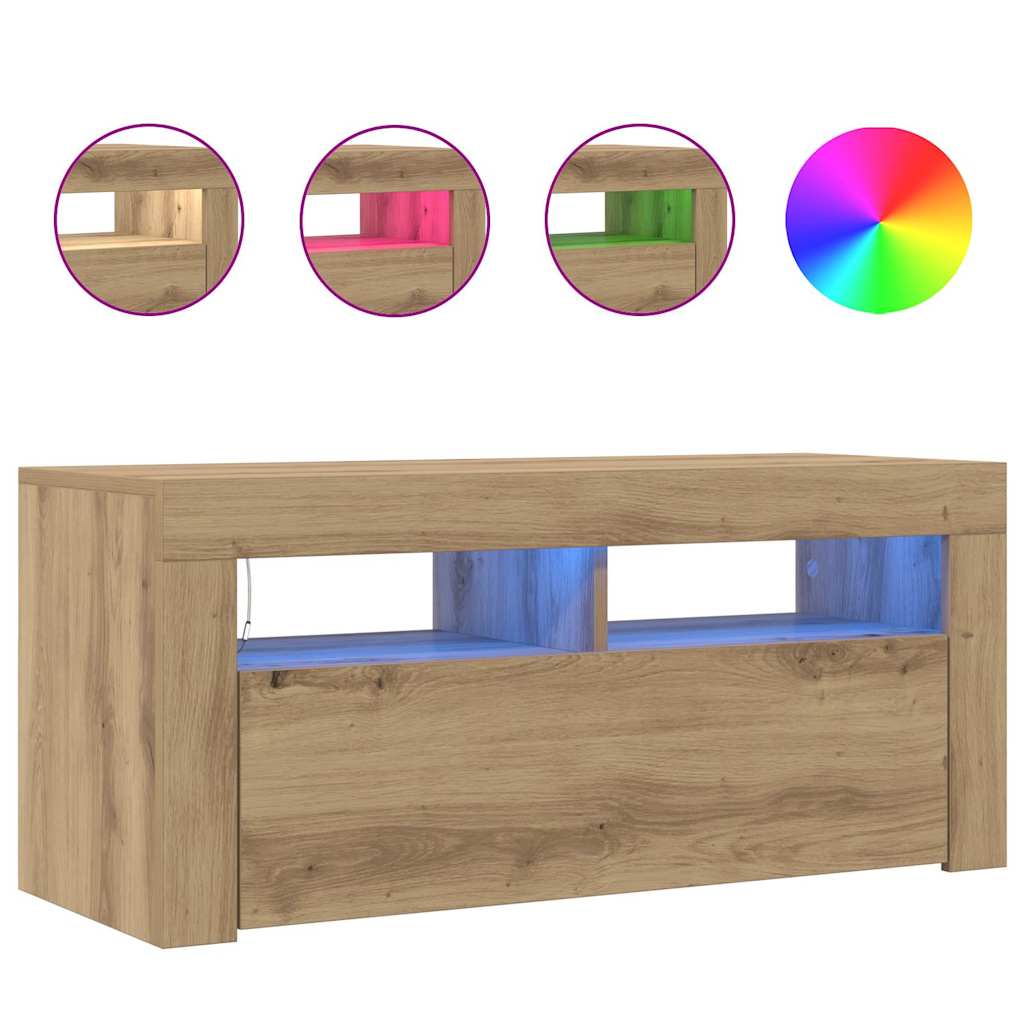 TV Cabinet with LED Lights Artisan Oak 90x35x40 cm Engineered Wood