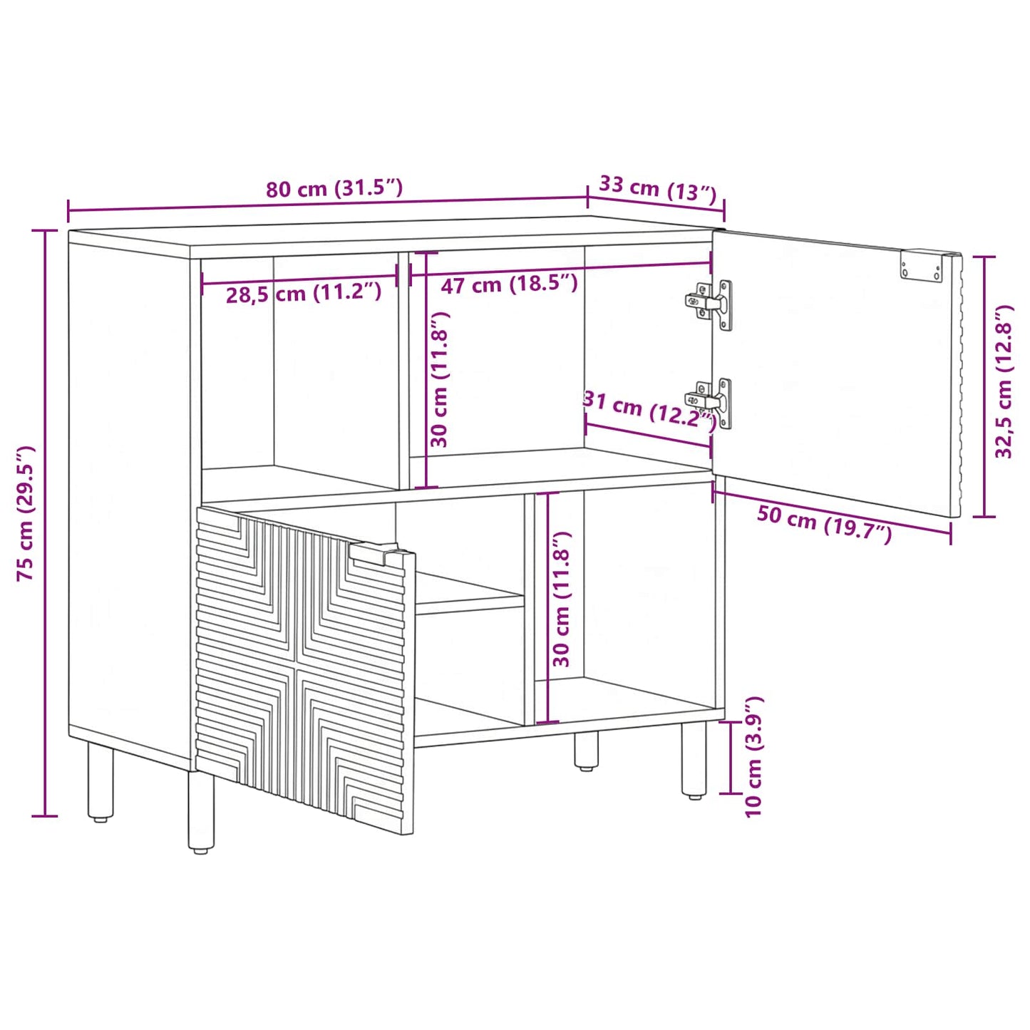 Sideboard with Shelf Brown 80 x 33 x 75 cm Solid Mango Wood