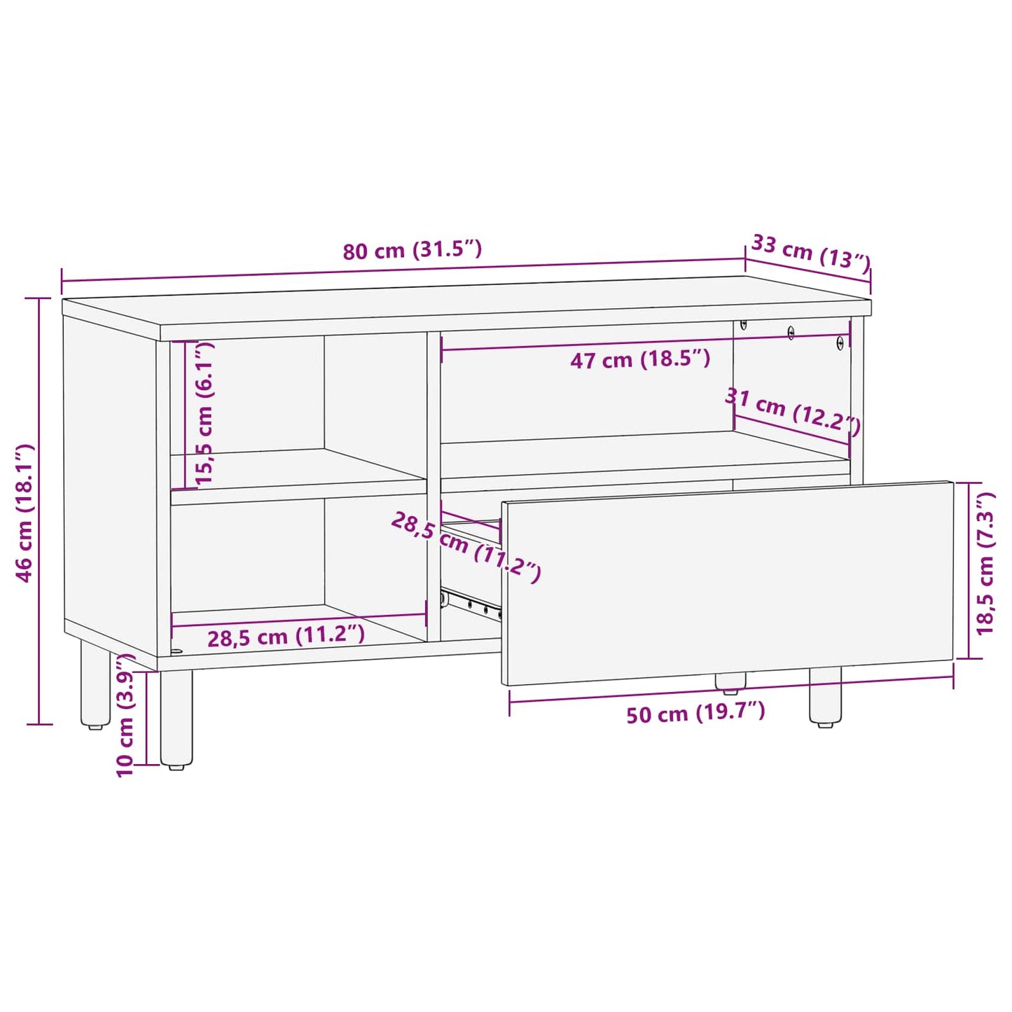 TV Cabinet White Wash Finish 80 x 33 x 46 cm Solid Mango Wood