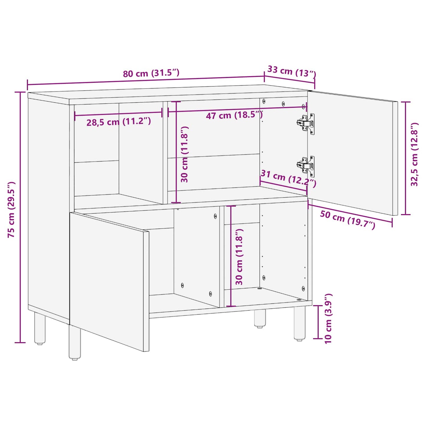 Sideboard White Wash Finish 80 x 33 x 75 cm Solid Mango Wood