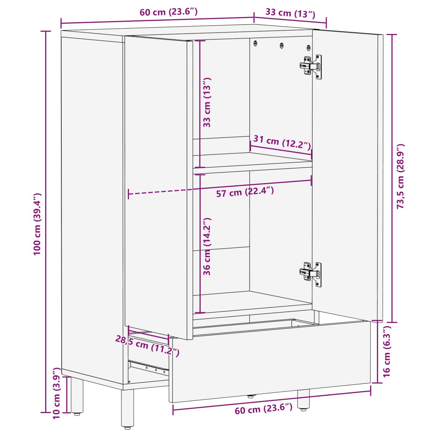 Highboard White Wash Finish 60 x 33 x 100 cm Solid Mango Wood