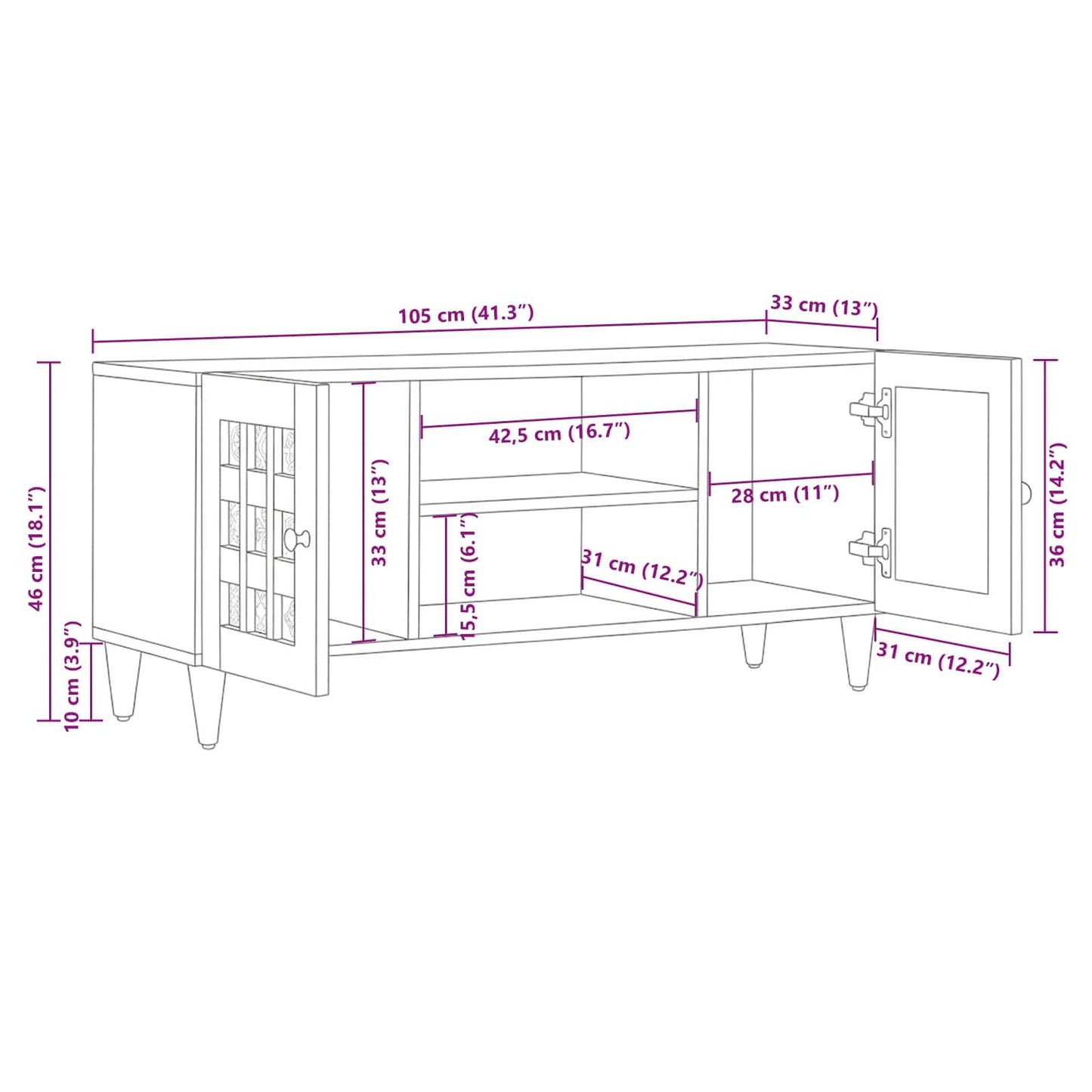 TV Cabinet with Shelf Natural 105 x 33 x 46 cm Solid Mango Wood