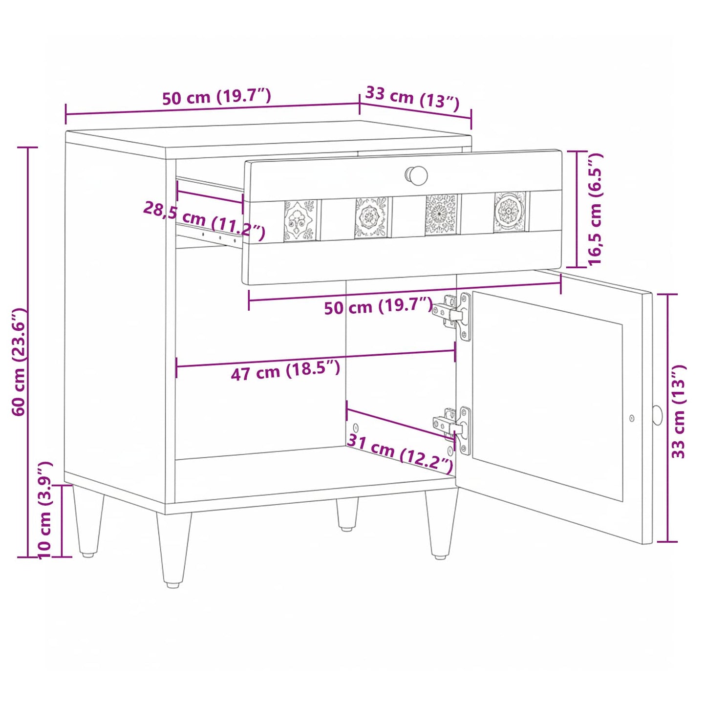 Bedside Cabinet Natural 50 x 33 x 60 cm Solid Mango Wood
