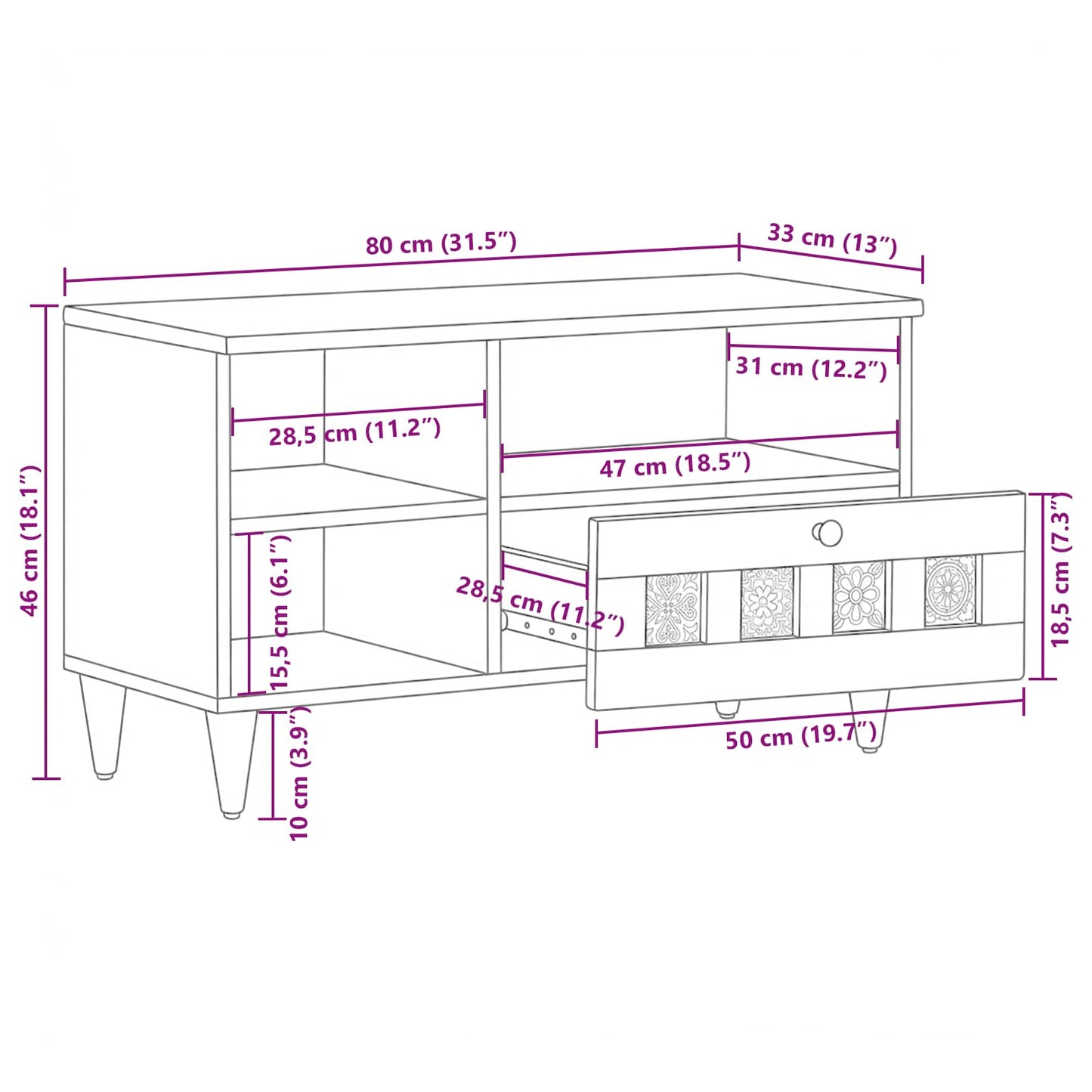 TV Cabinet with Drawer Natural 80 x 33 x 46 cm Solid Mango Wood