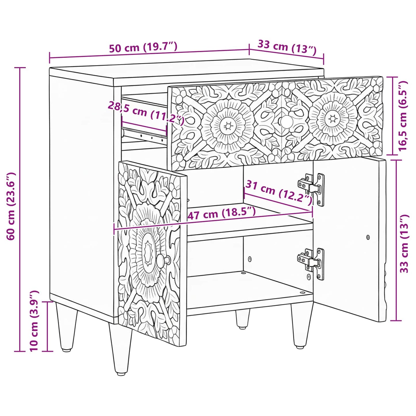 Bed cabinet with Drawer Brown 50 x 33 x 60 cm Solid Mango Wood