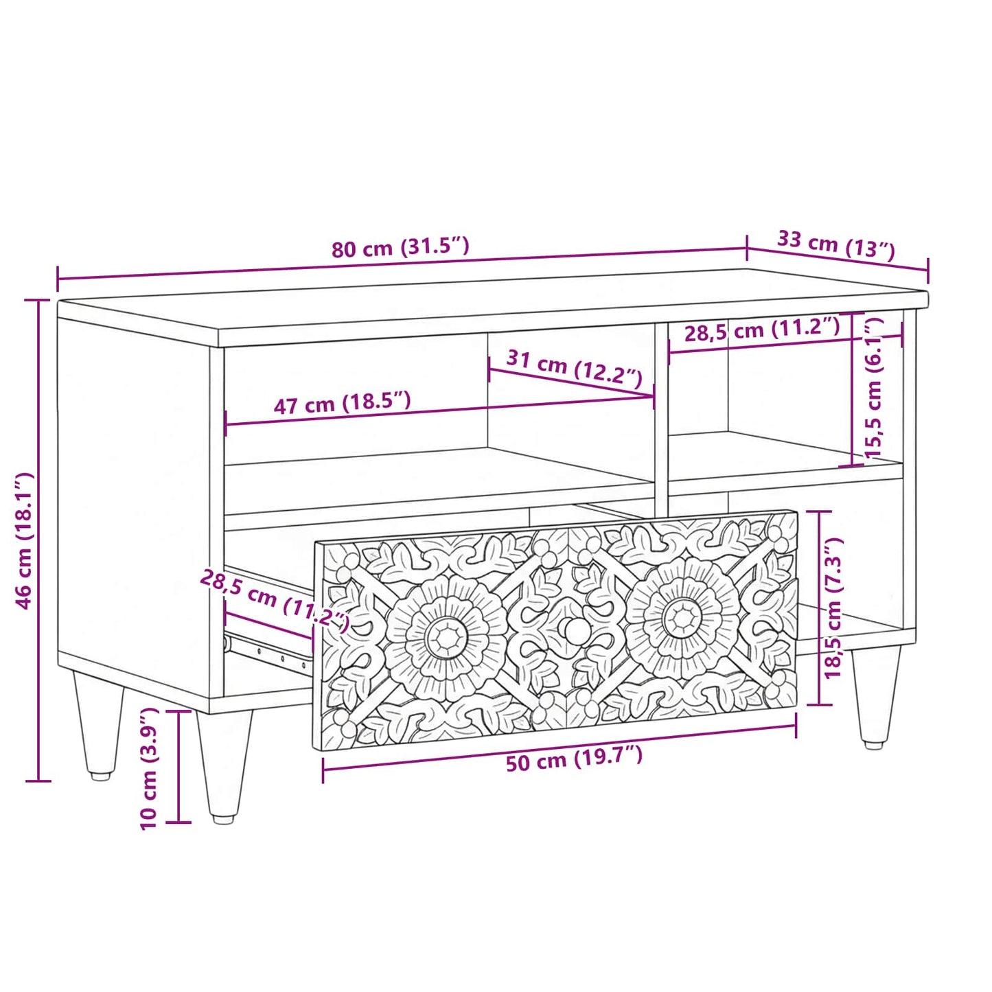 TV Cabinet with Drawer Brown 80 x 33.5 x 46 cm Solid Mango Wood