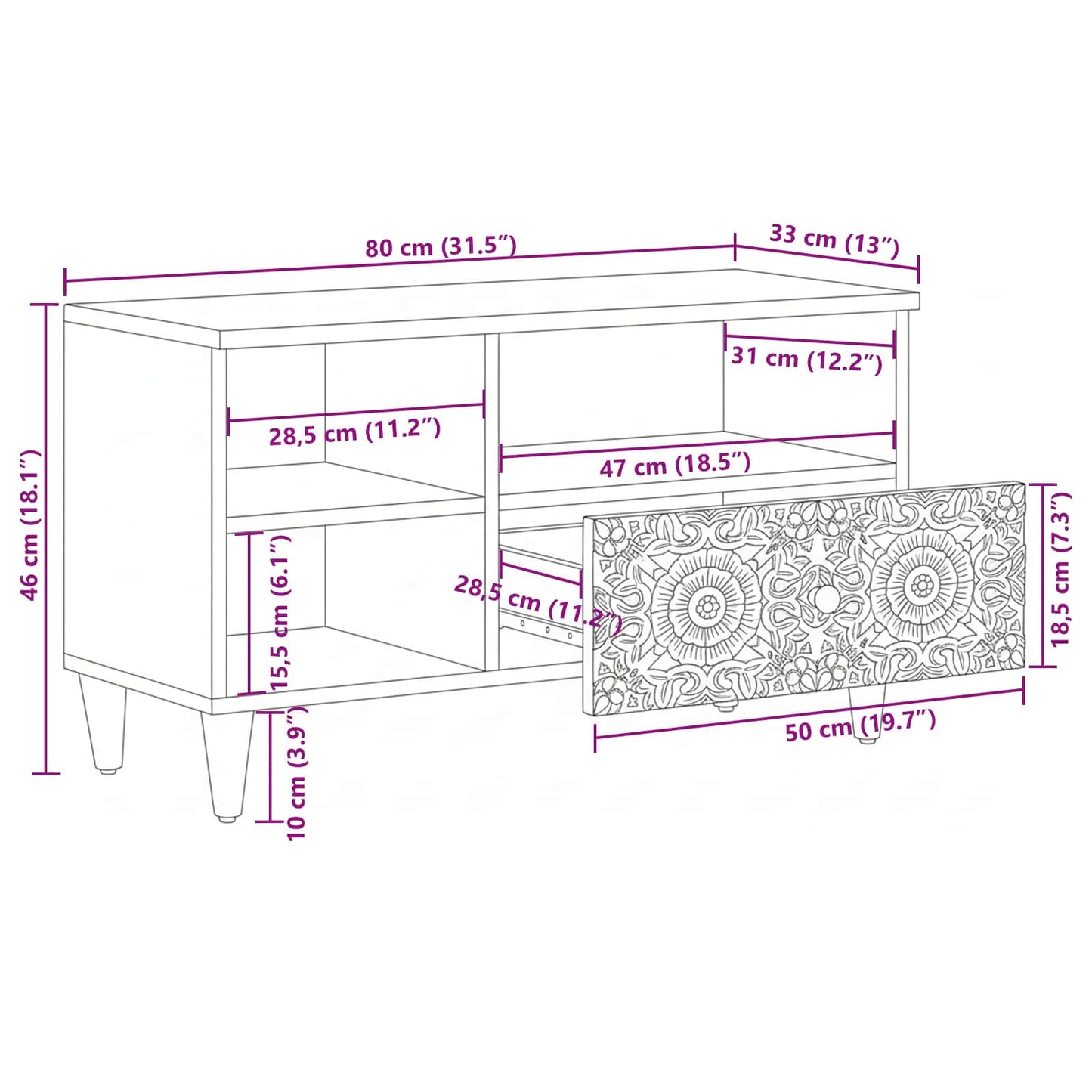 TV Cabinet with Drawer White 80 x 33.5 x 46 cm Solid Mango Wood