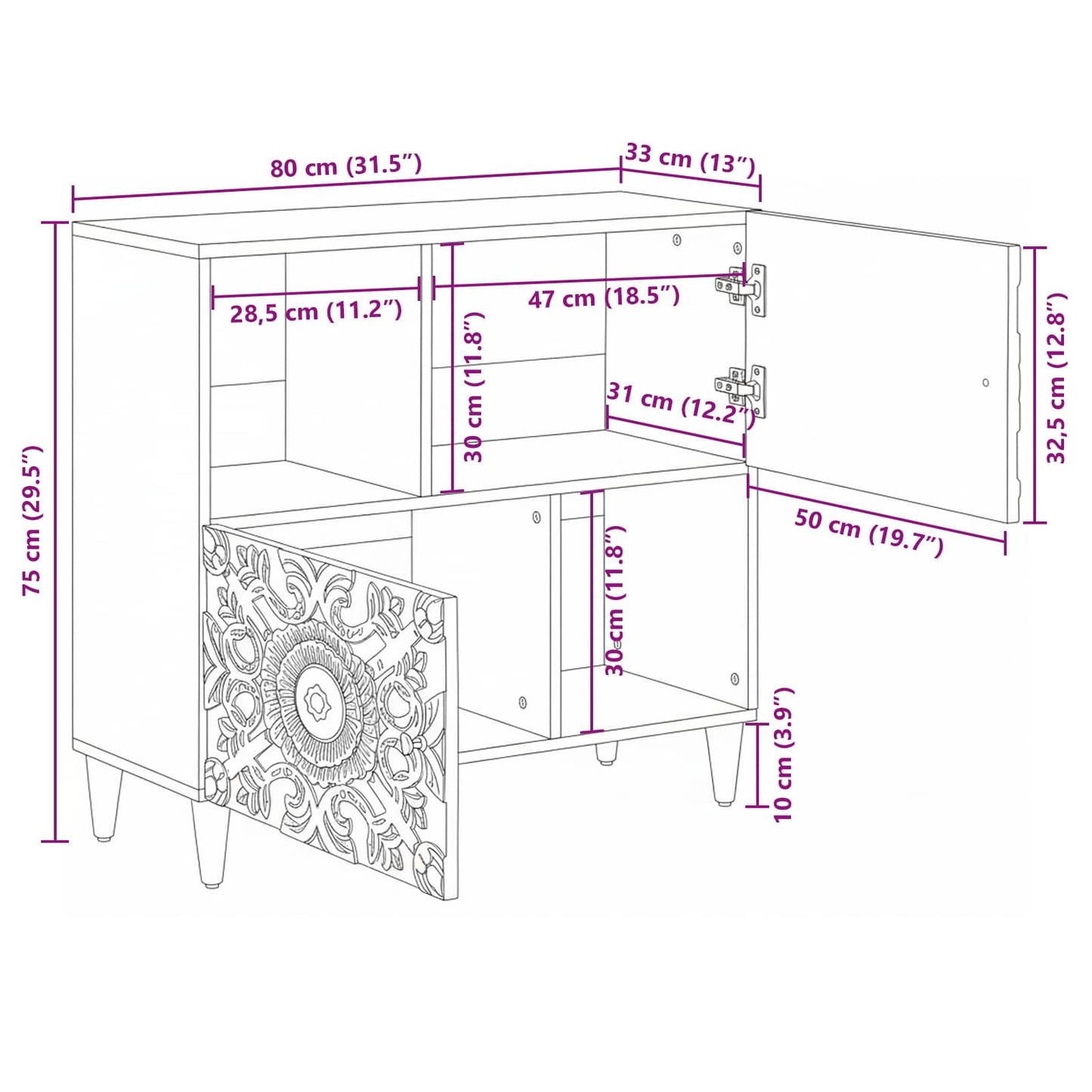 Sideboard with Storage White 80 x 33.5 x 75 cm Solid Mango Wood