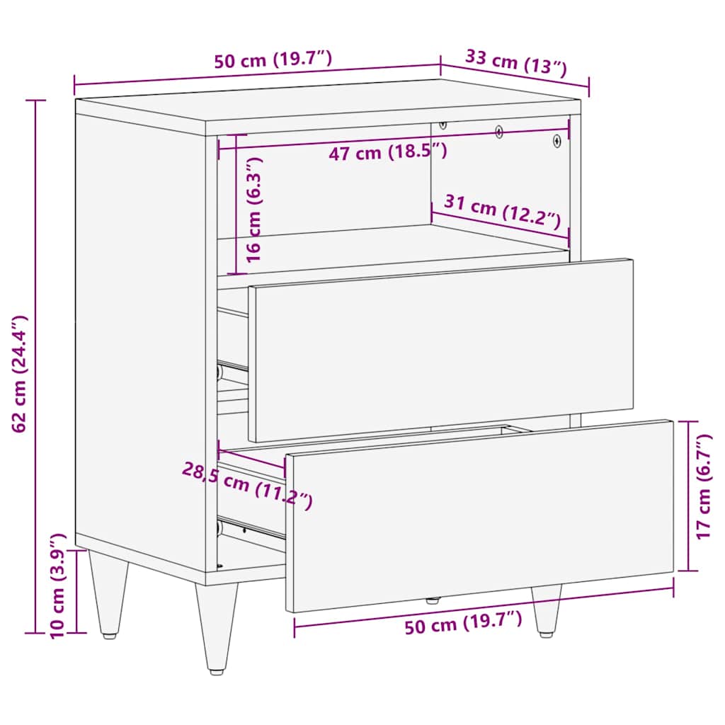Bedside Cabinet Black 50 x 33 x 62 cm Solid Mango Wood