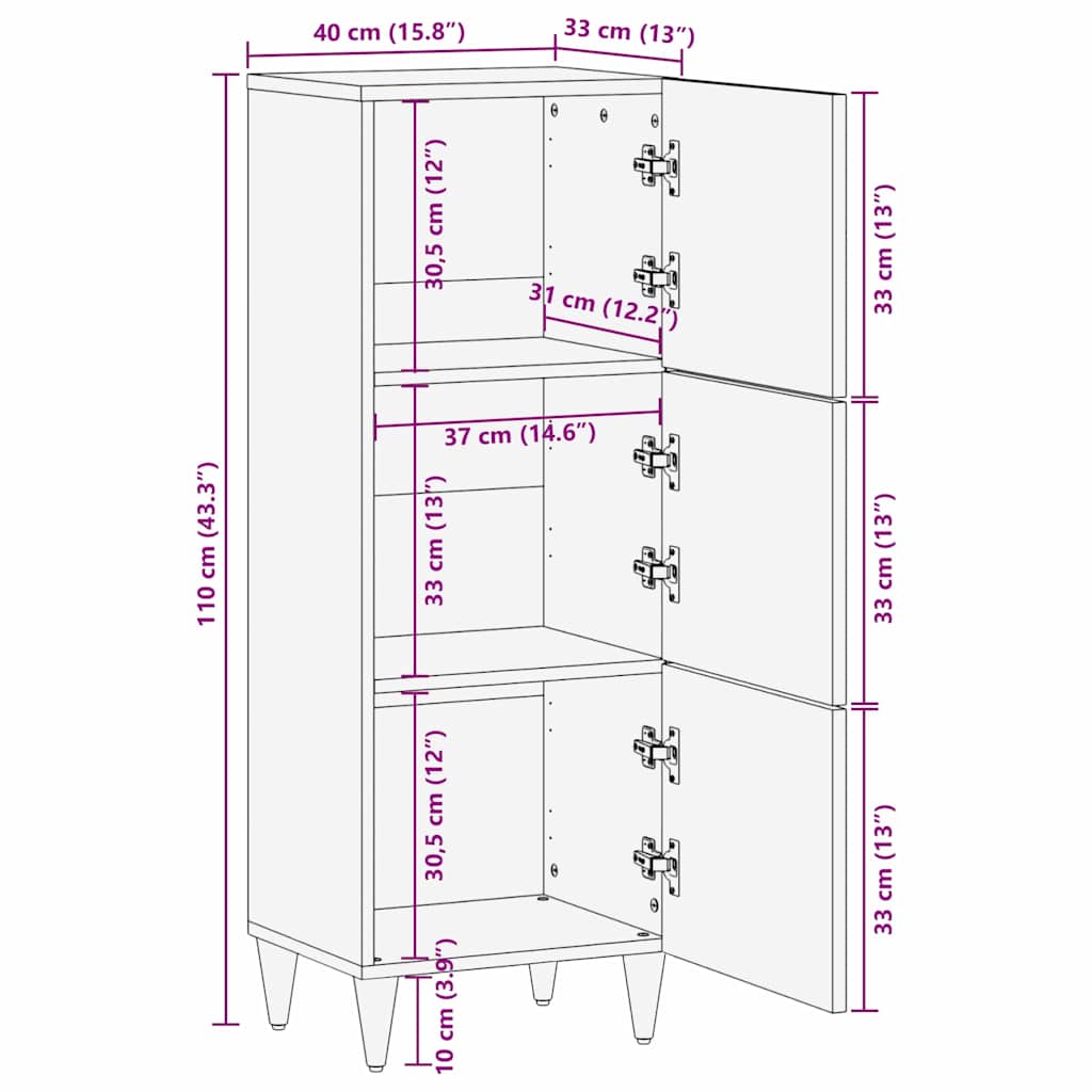 Highboard with Shelf Black 40 x 33 x 110 cm Solid Mango Wood