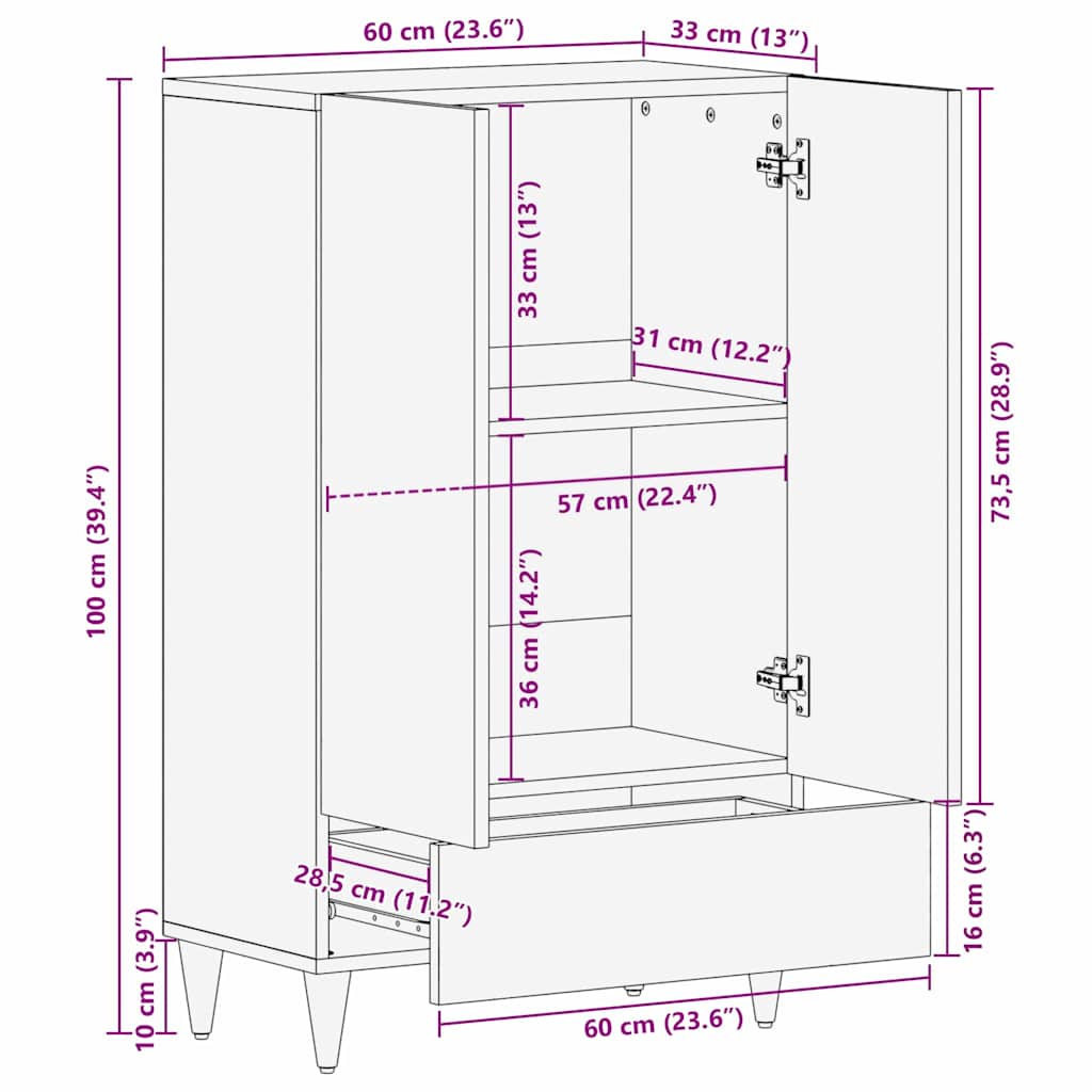 Highboard with Drawer Black 60 x 33 x 100 cm Solid Mango Wood