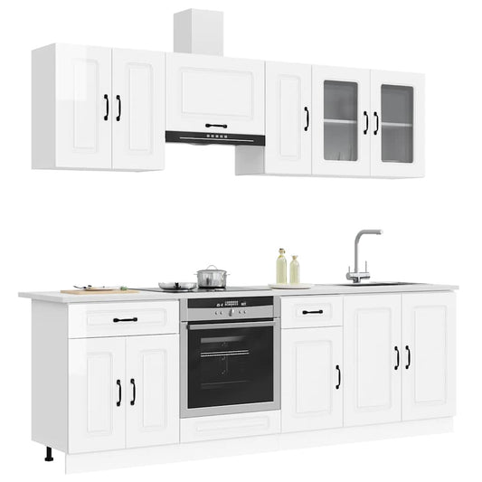 8 Piece Kitchen Cabinet Set Kalmar High Gloss White Engineered Wood