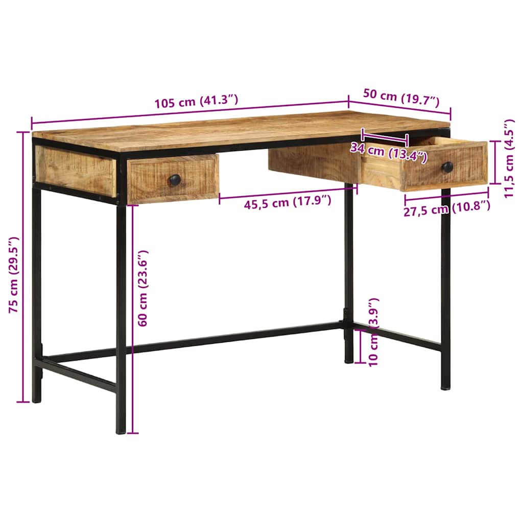 Writing Desk Brown 105 x 50 x 75 cm Solid Mango Wood and Metal