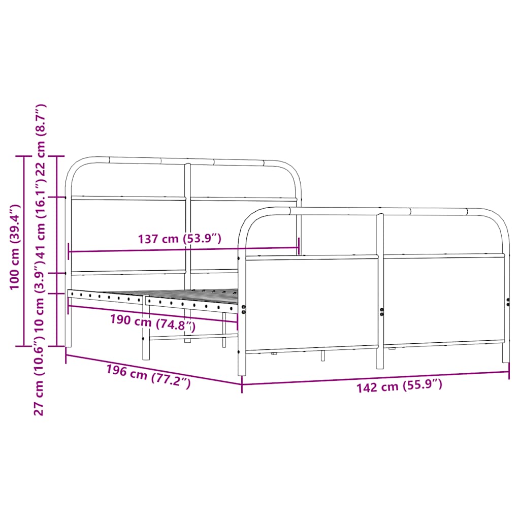 Metal Bed Frame without Mattress Brown Oak 137x190 cm