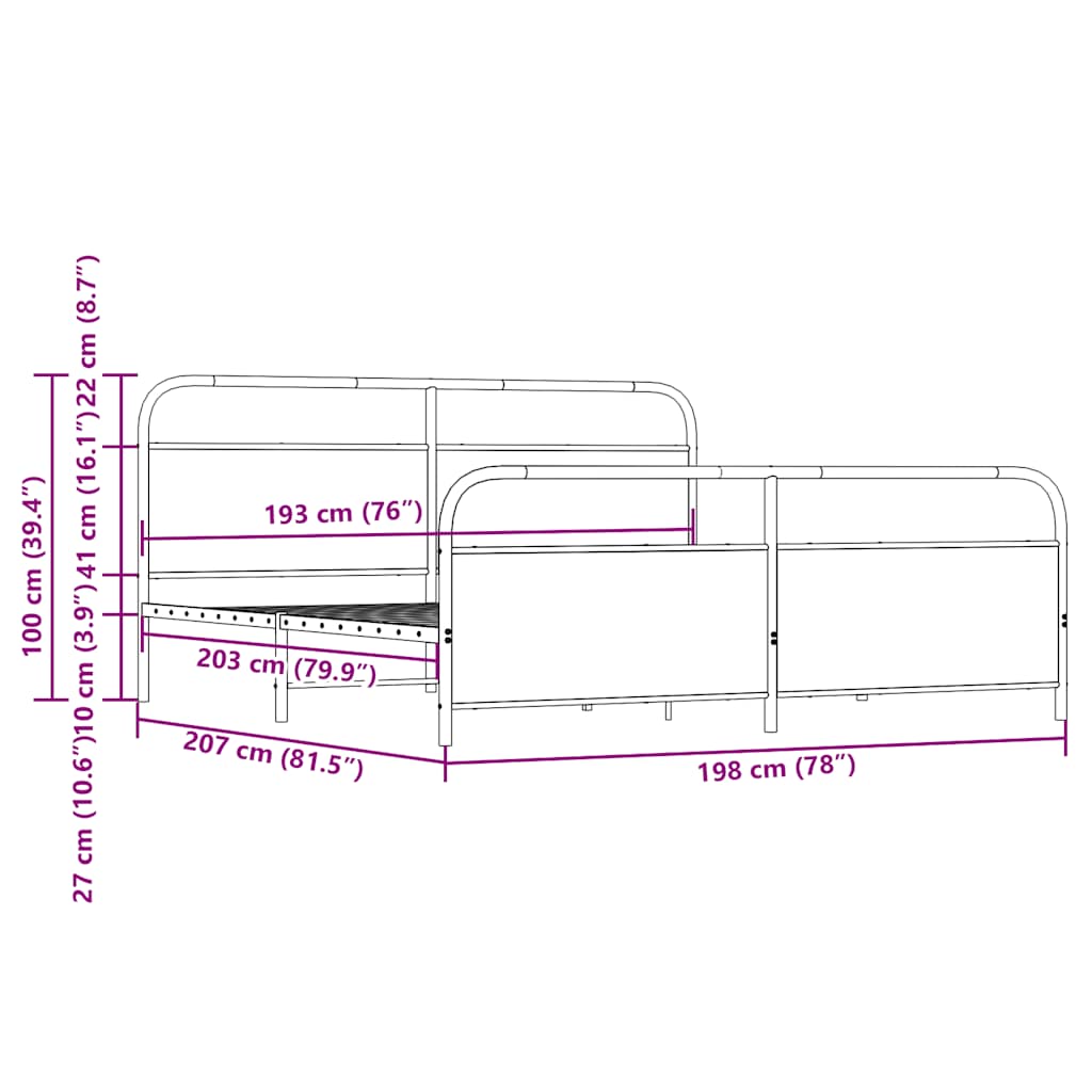 Metal Bed Frame without Mattress Brown Oak 193x203 cm