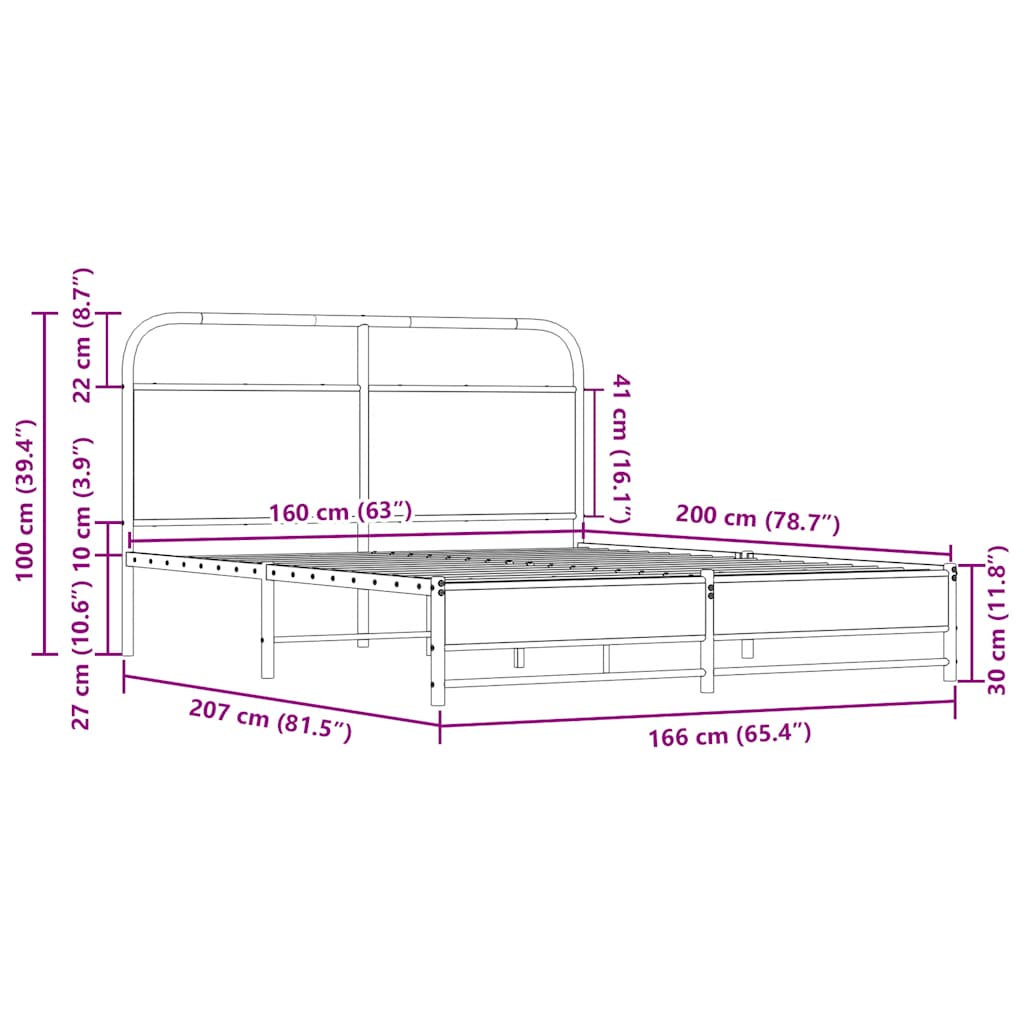 Metal Bed Frame without Mattress Sonoma Oak 160x200 cm