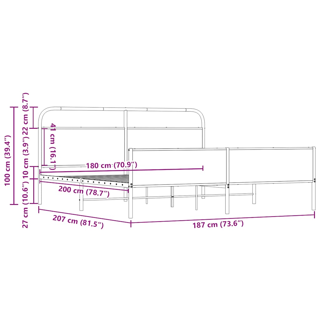 Metal Bed Frame without Mattress Sonoma Oak 180x200 cm Super King