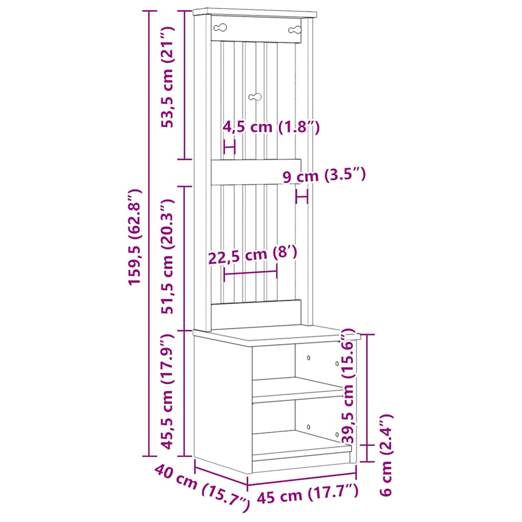 Hall Tree SANDNES 45x40x159.5 cm Solid Wood Pine