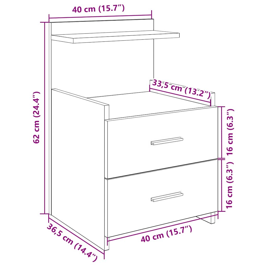 Bedside Cabinet with 2 Drawers Black 40x36.5x62 cm