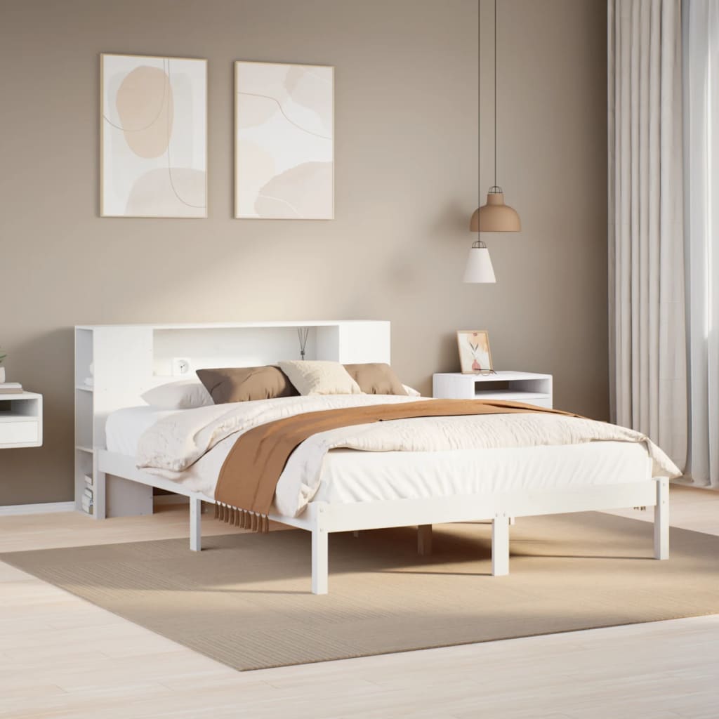 Bookcase Bed without Mattress White 135x190 cm Double Solid Wood Pine
