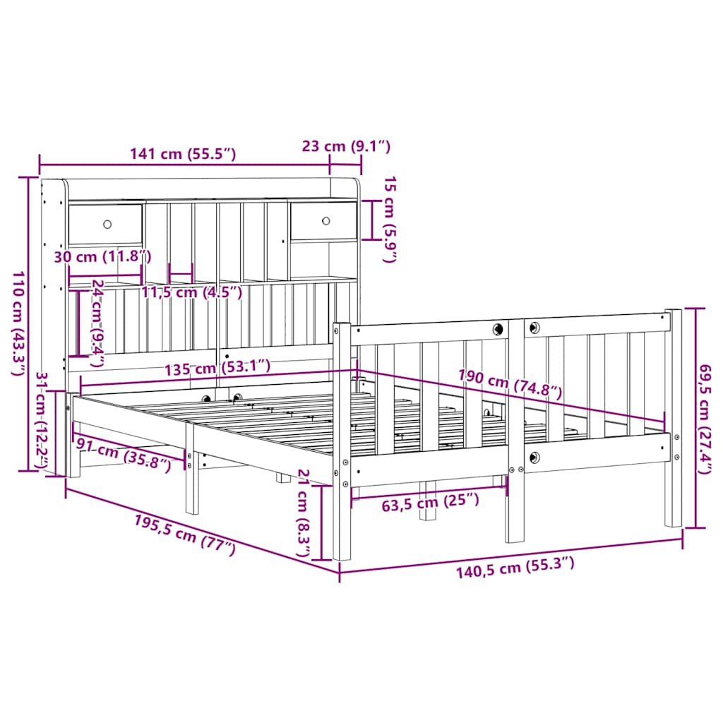 Bookcase Bed without Mattress 135x190 cm Double Solid Wood Pine