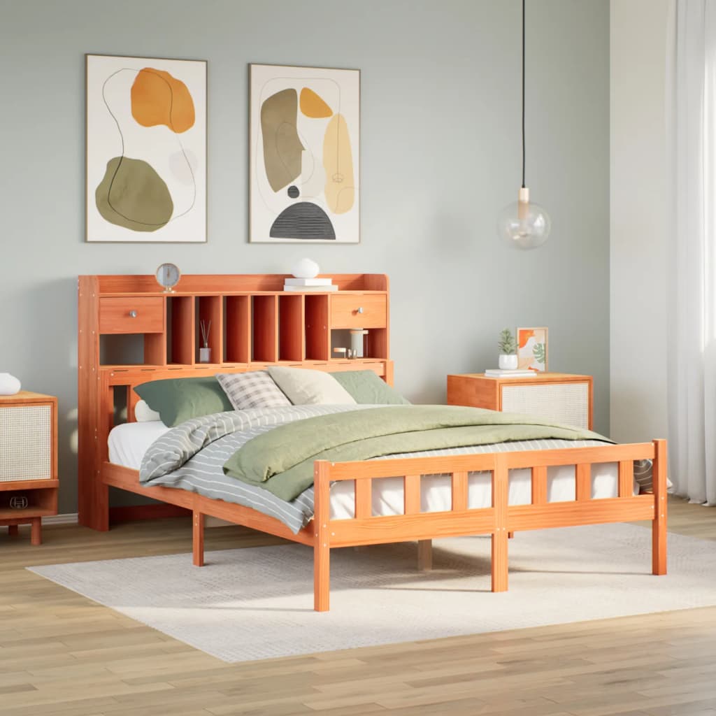 Bookcase Bed without Mattress Wax Brown 160x200cm Solid Wood Pine