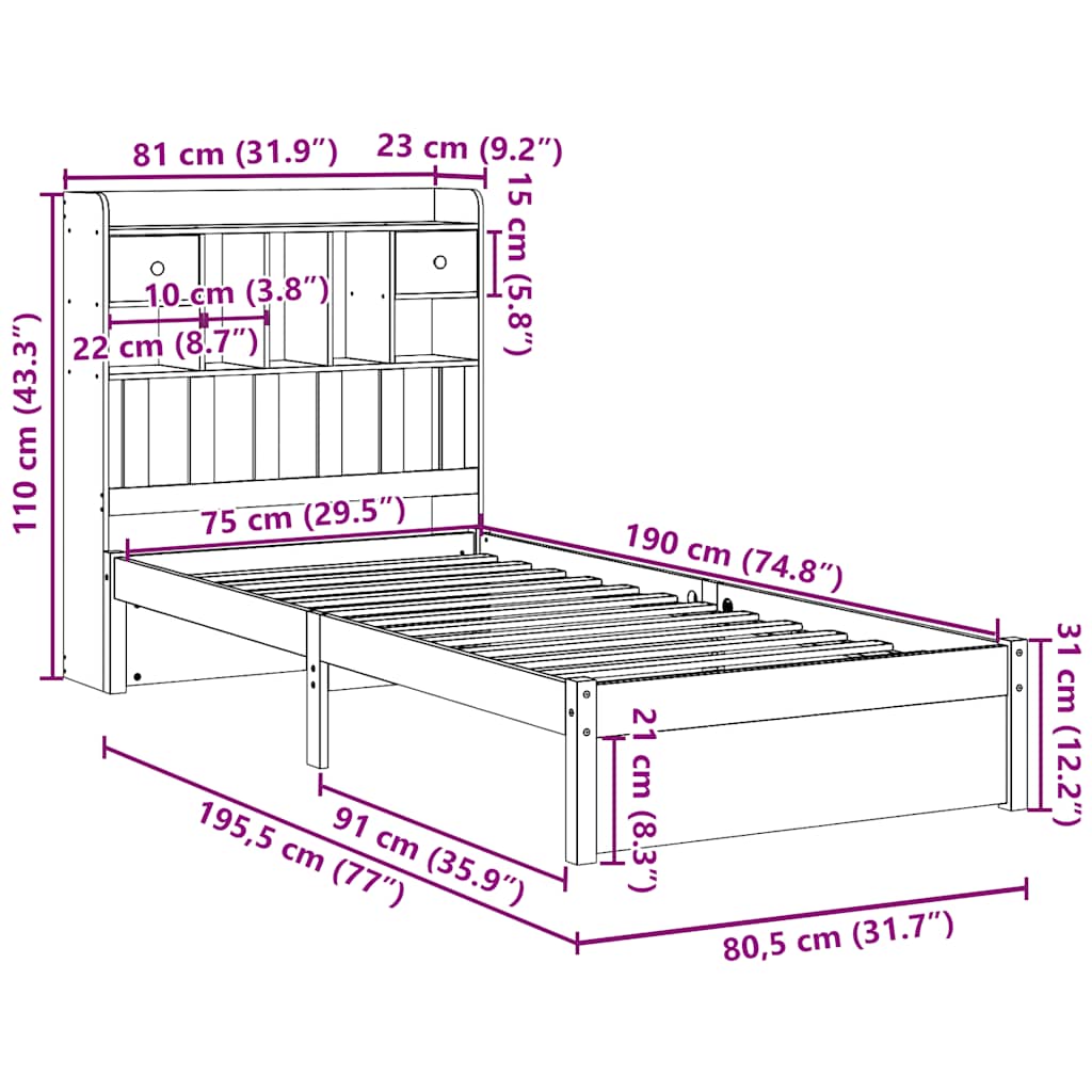 Bookcase Bed without Mattress 75x190cm Small Single Solid Wood Pine