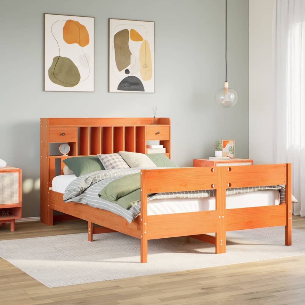 Bookcase Bed without Mattress Wax Brown 135x190cm Double Solid Wood Pine